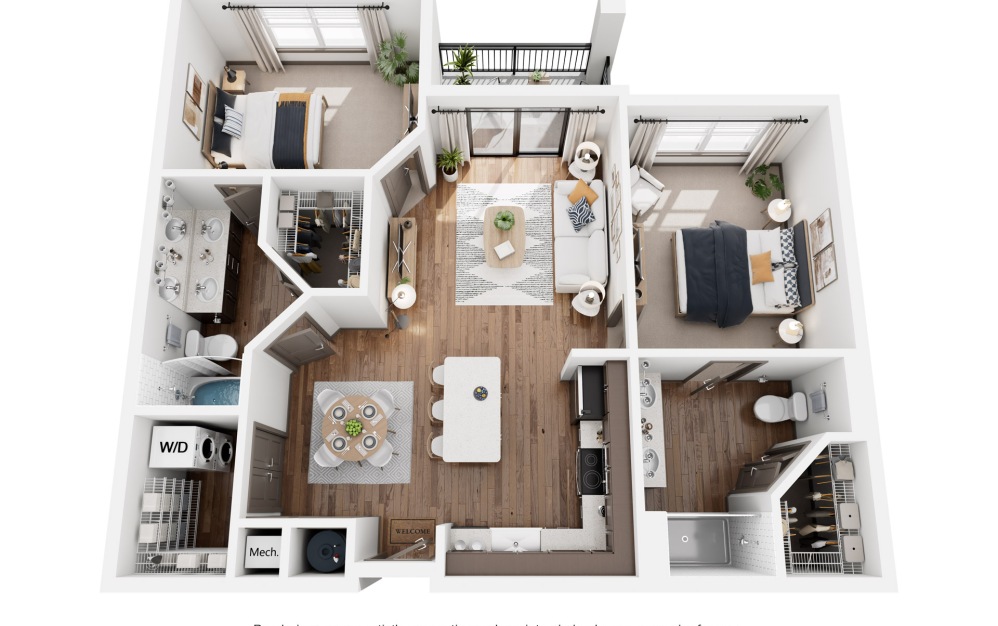 B1 - 2 bedroom floorplan layout with 2 bathrooms and 1087 square feet