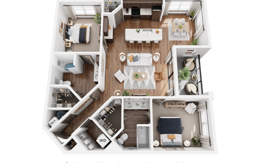 B3 - 2 bedroom floorplan layout with 2 bathrooms and 1383 square feet