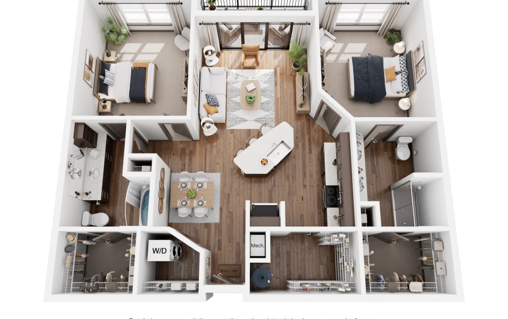 B5 - 2 bedroom floorplan layout with 2 bathrooms and 1292 square feet