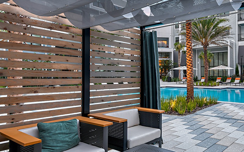cabanas and seating poolside